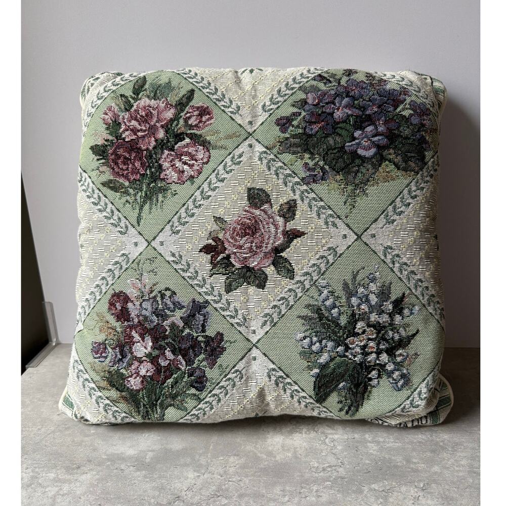 Lena Liu Tapestry Throw Pillow Cottagecore Floral Sage Green Maroon 17” x 17”